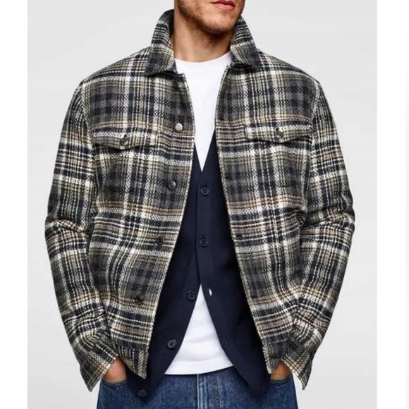 Zara Check Print Plaid snap Button Front Jacket Neutral Multicolor Size M - Picture 1 of 14